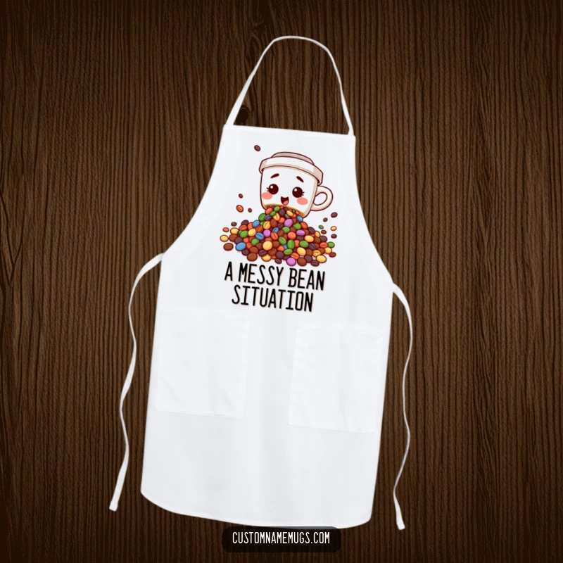 Funny apron showing a cute, clumsy coffee cup character spilling colorful beans, ideal for adding humor to cooking and baking.