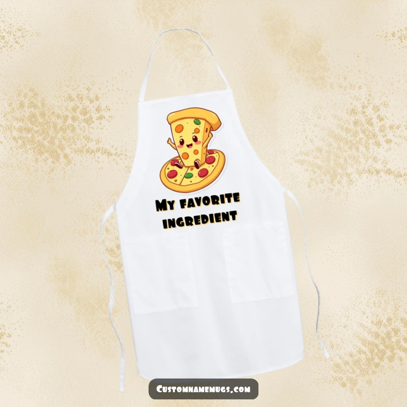 Funny cheese pizza apron with a proud cheese slice character falling into a giant pizza, ready to cook up a cheesy masterpiece.
