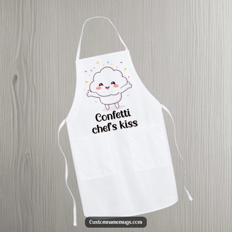 Funny apron featuring a smiling cloud character with arms wide, happily caught in a delightful downpour of confetti, ready for kitchen fun.