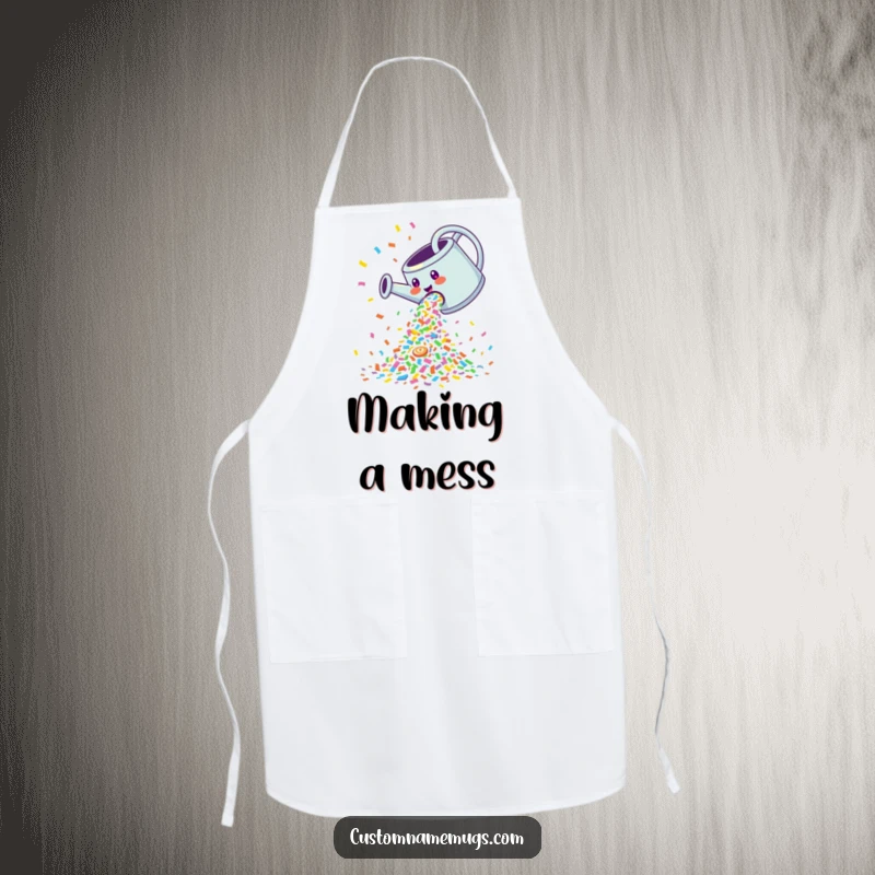 Funny Apron: Giggling watering can pouring a cascade of colorful confetti, ideal for festive cooking.