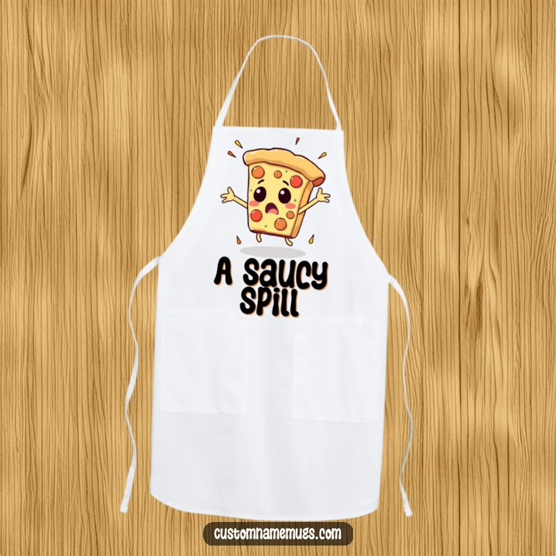 Funny apron showing a pizza slice with arms flailing wildly as it falls, great for cooks who embrace a little chaos.