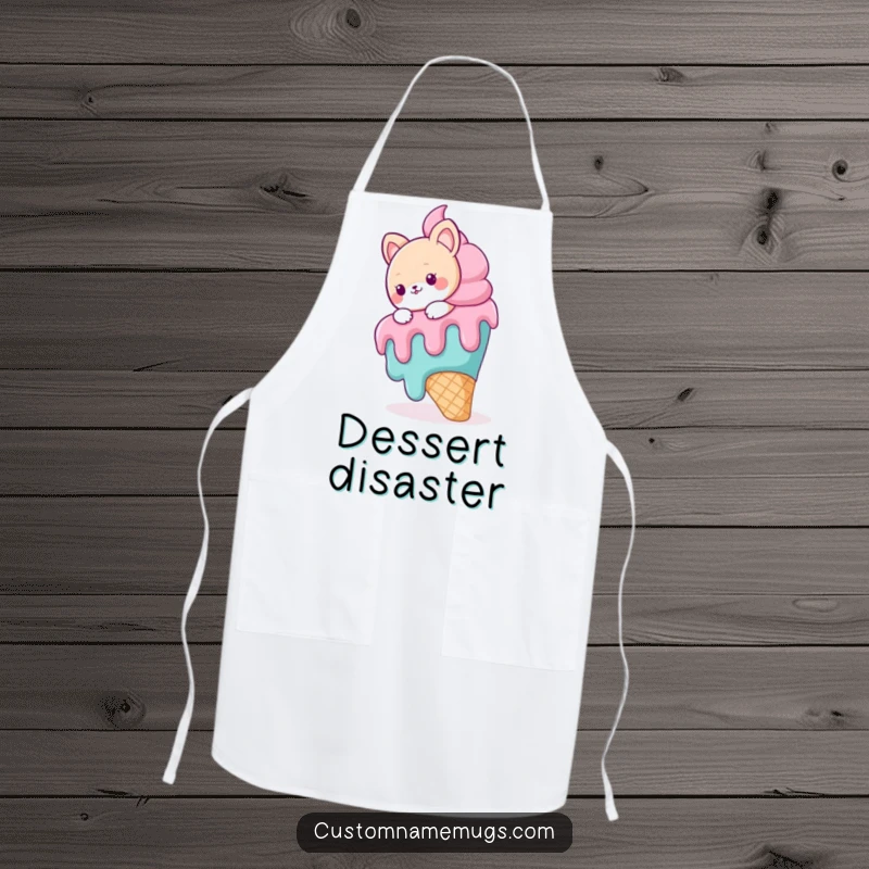 Funny kitchen apron showing a cute animal character hilariously slipping on a huge, melting ice cream cone, perfect for messy fun.