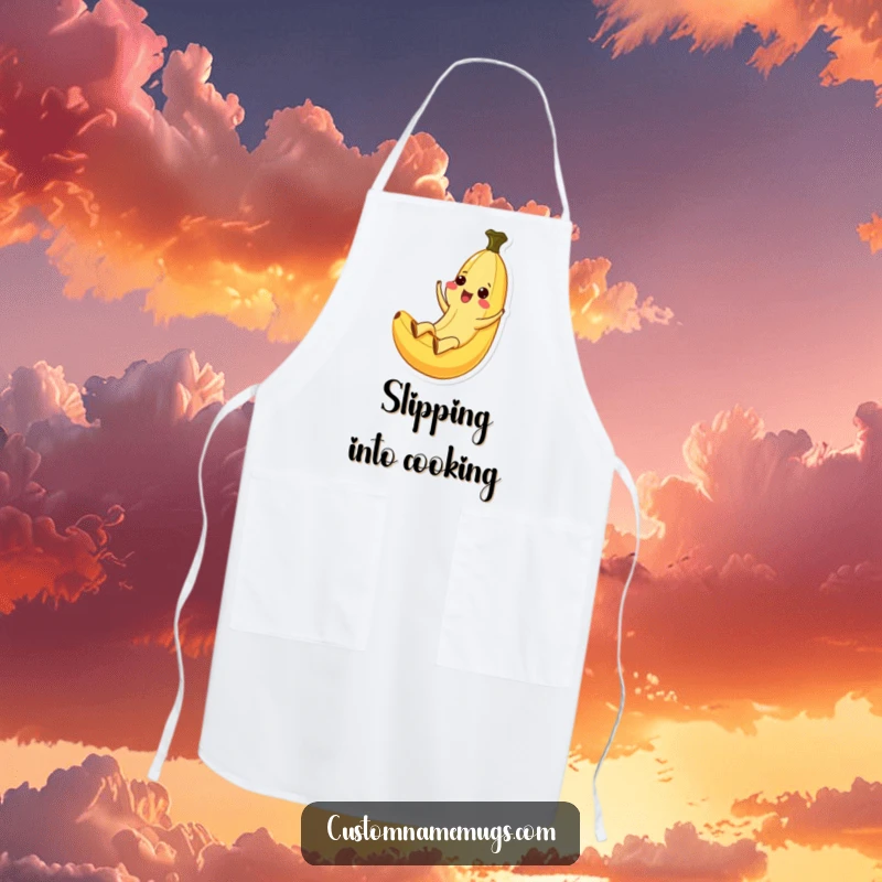 Funny Kawaii banana character in an ecstatic slide down a peel, printed on a kitchen apron, ready for cooking.
