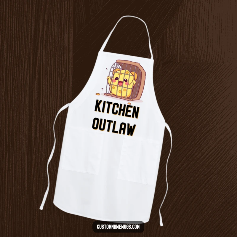 Funny Kawaii cheese character joyfully escaping a small cage, a humorous apron for cooking adventures and kitchen fun.