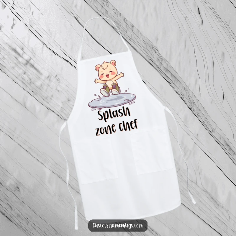 Funny kitchen apron showing a creature with huge shoes joyfully hopping in a puddle, perfect for playful cooking sessions.