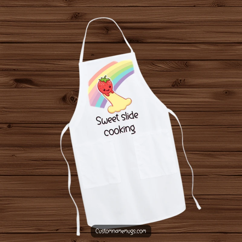 Funny apron with a smiling strawberry character dramatically sliding down a rainbow, designed for humorous cooking and kitchen fun.
