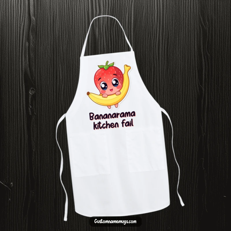 Funny apron showcasing a cute strawberry character with wide eyes comically slipping on a banana peel, ready to add humor to cooking.