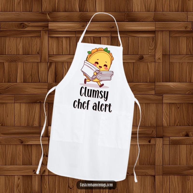 Funny apron showing a blushing taco character comically tripping with papers, designed for kitchen fun and protecting clothes from spills.