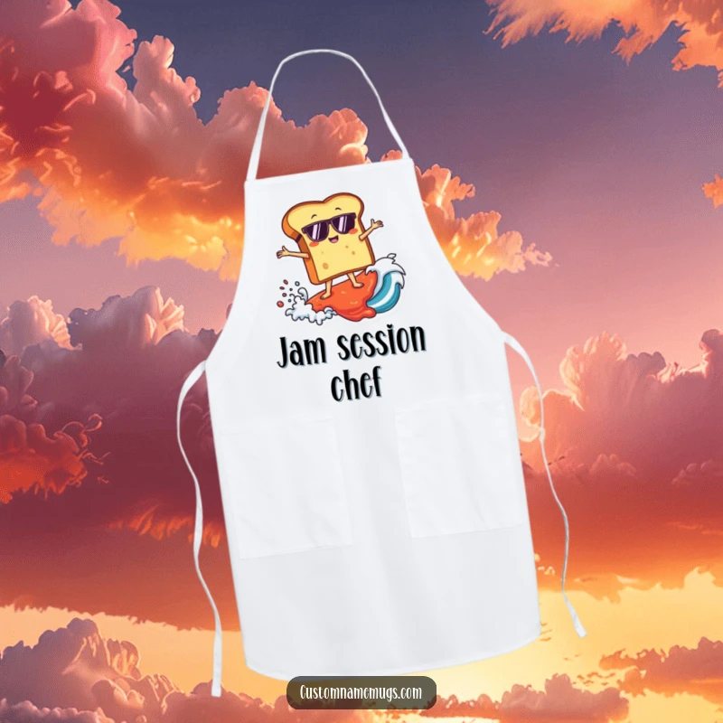 Funny apron with a toast character wearing sunglasses, surfing a giant jam wave, designed for humorous cooking and kitchen fun.