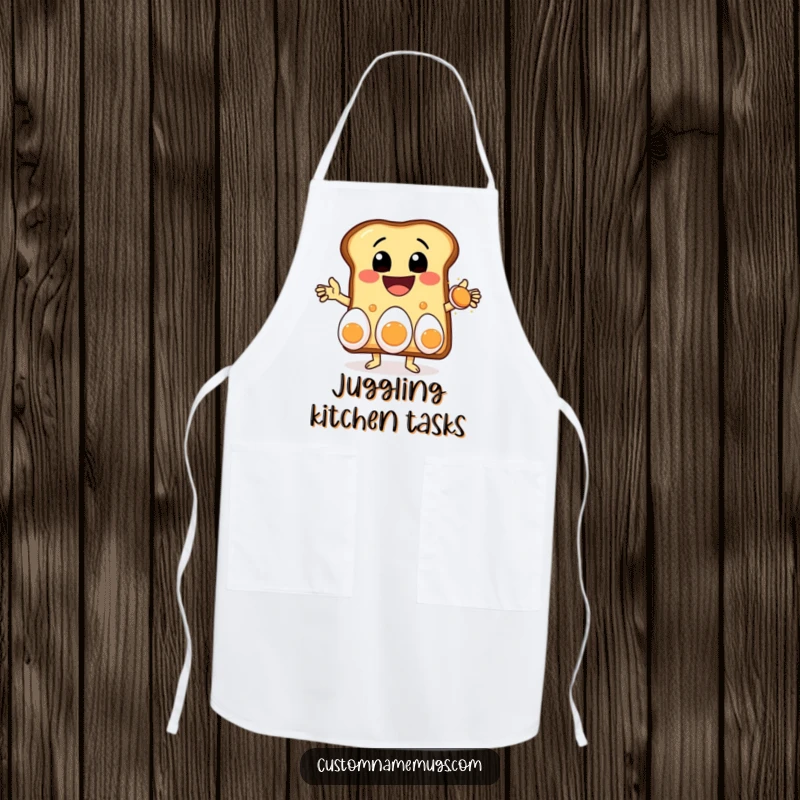 Funny apron showcasing a delighted toast character with a huge grin, juggling three eggs, ready to add humor to any meal preparation.
