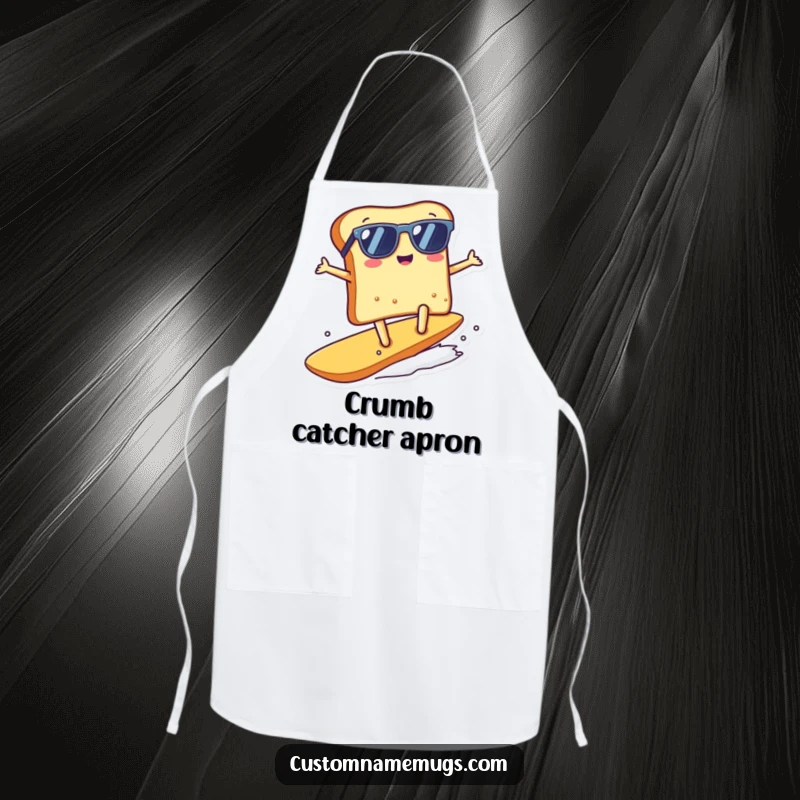 Funny kawaii toast character surfing a crumb on a kitchen apron, a great funny gift.