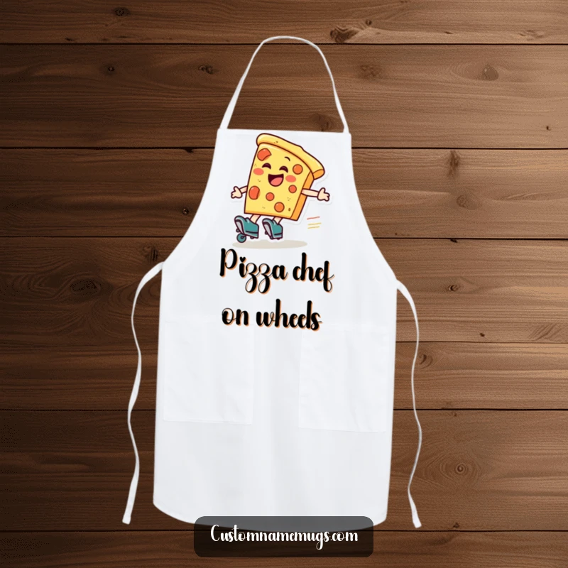 Funny pizza roller skater apron, a laughing pizza slice wearing roller skates zooms around, for kitchen fun.