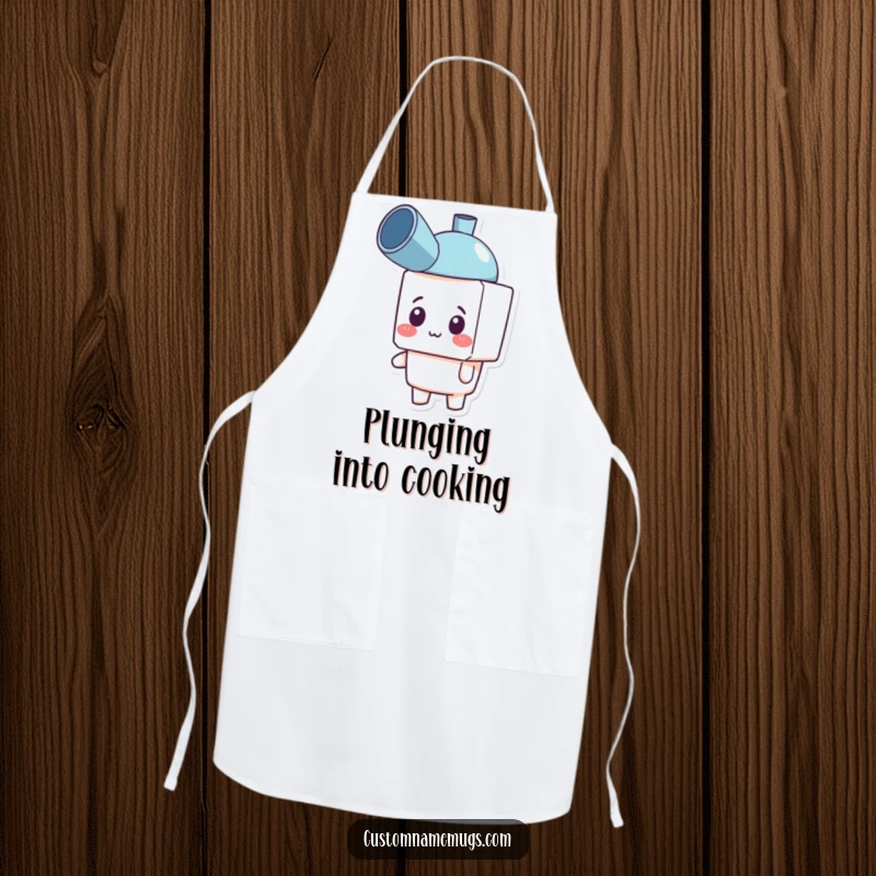 Funny apron showcasing a cheerful blocky character accidentally wearing a plunger as a hat, perfect for humorous kitchen tasks.