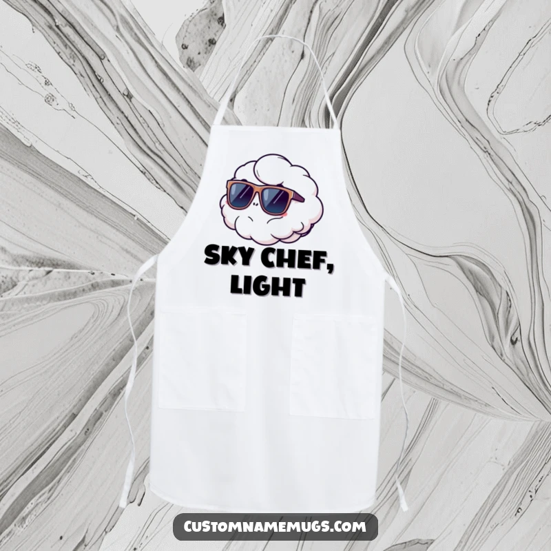 Funny apron with a fluffy cloud comically floating away wearing oversized sunglasses, perfect for kitchen activities with a humorous, breezy twist.