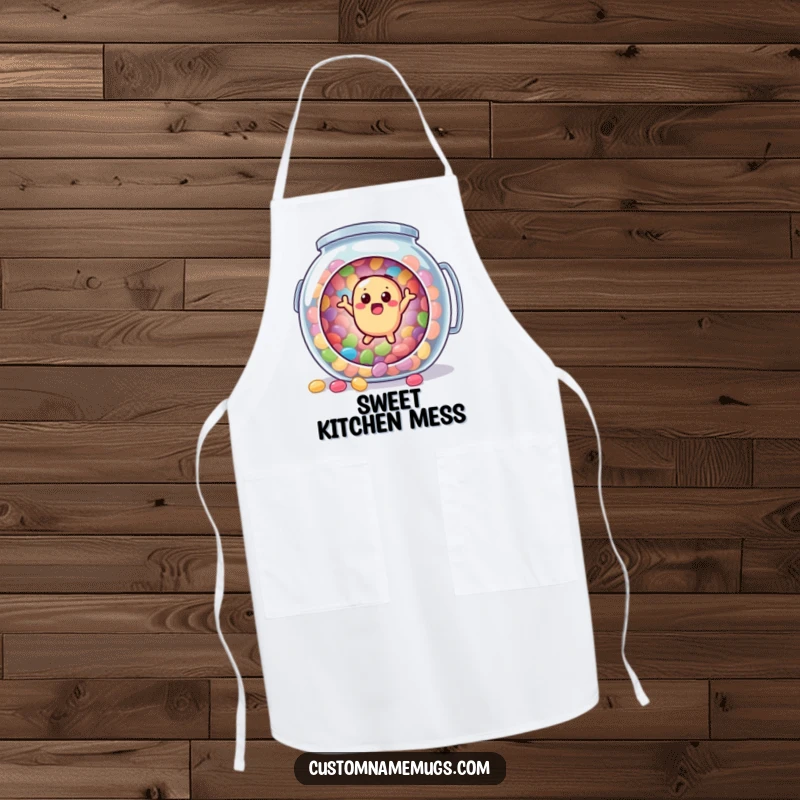 Funny apron showing a surprised jellybean character comically bouncing out of a candy jar, designed for kitchen fun and protection.