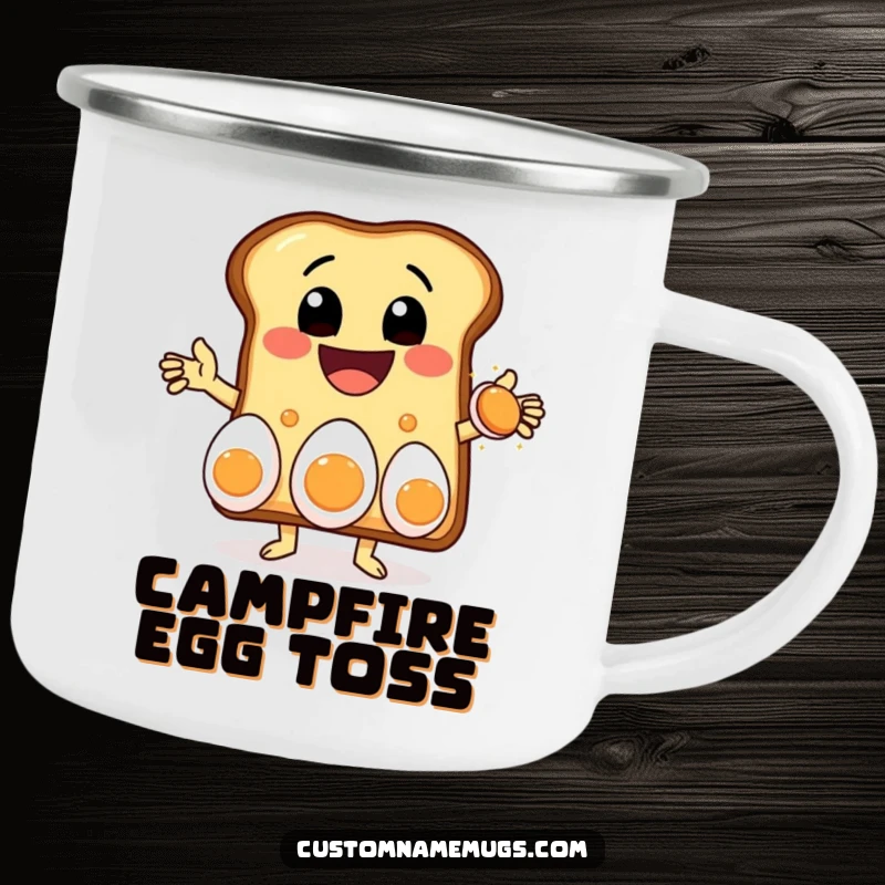 Funny camping mug featuring a delighted toast character with a huge grin, juggling three eggs, perfect for enjoying beverages outdoors.