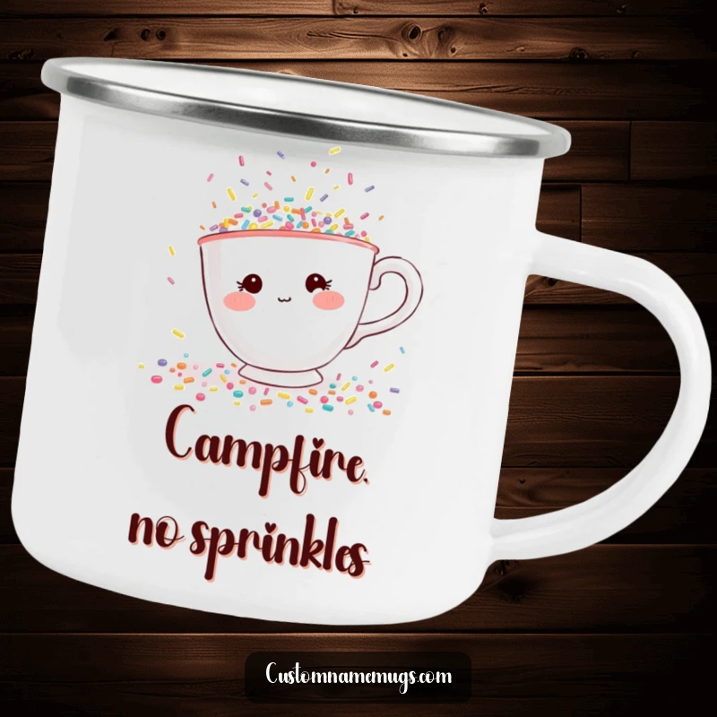 Funny camping mug with a shy teacup character with rosy cheeks, desperately trying to escape a flood of tiny, colorful sprinkles.