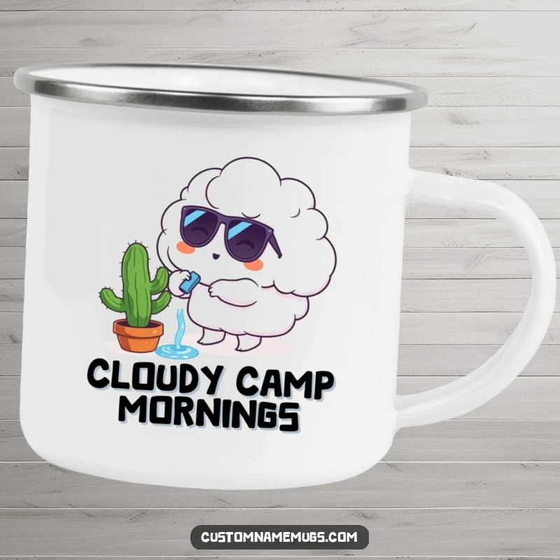 Funny Camping Mug: A fluffy cloud character in sunglasses tries to water a tiny, sad cactus.