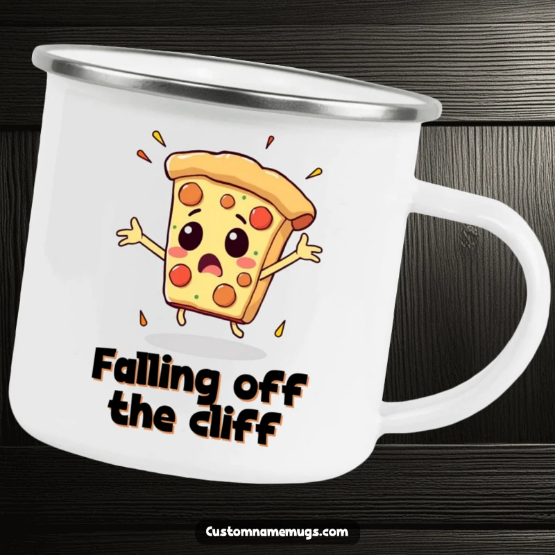 Funny camping mug featuring a pizza slice with flailing arms in mid-fall, perfect for enjoying drinks outdoors with a laugh.