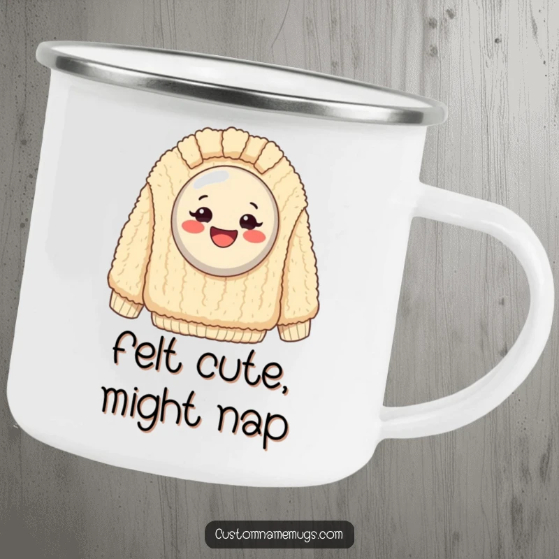Funny Camping Mug: Exaggeratedly happy button stuck on a giant, fuzzy sweater for outdoor humor and warmth.