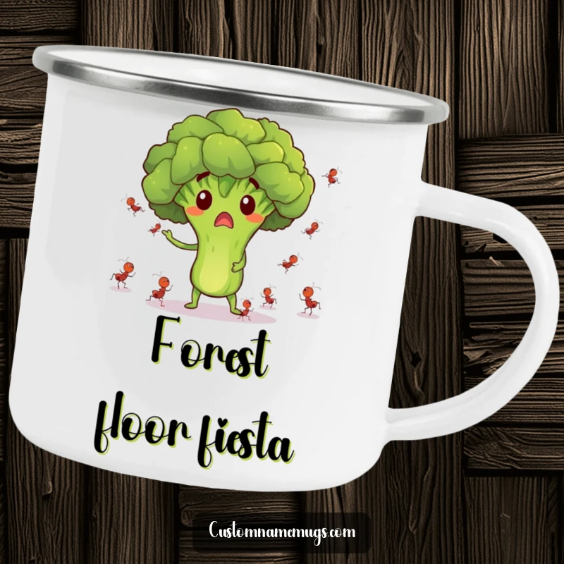 Funny camping mug with a surprised broccoli character juggling tiny dancing ants, perfect for outdoor humor.