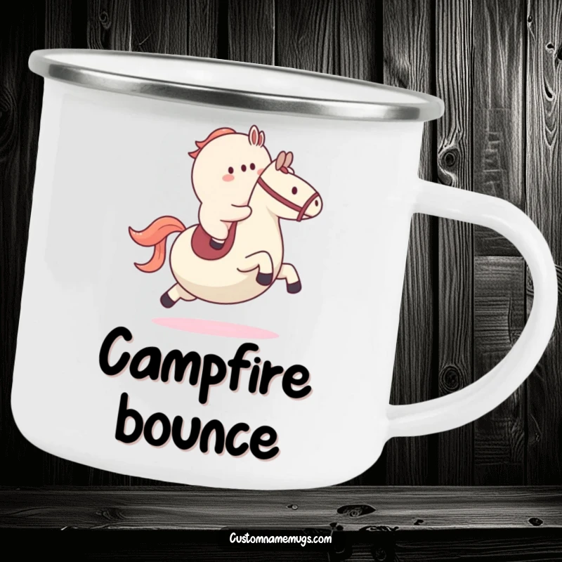 Funny enamel camping mug with a blob character attempting to ride a large bouncy ball like a horse, ready for outdoor fun.