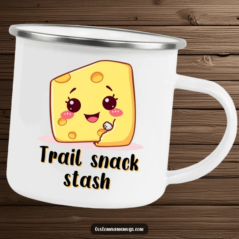Funny camping mug with a mischievous cheese wedge character hiding behind a cracker, ideal for outdoor fun.