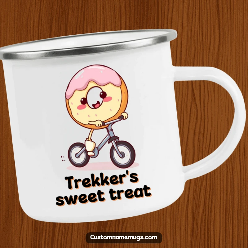 Funny camping mug with a smiling, round donut character with tiny legs riding a miniature unicycle. Ideal for outdoor adventures.