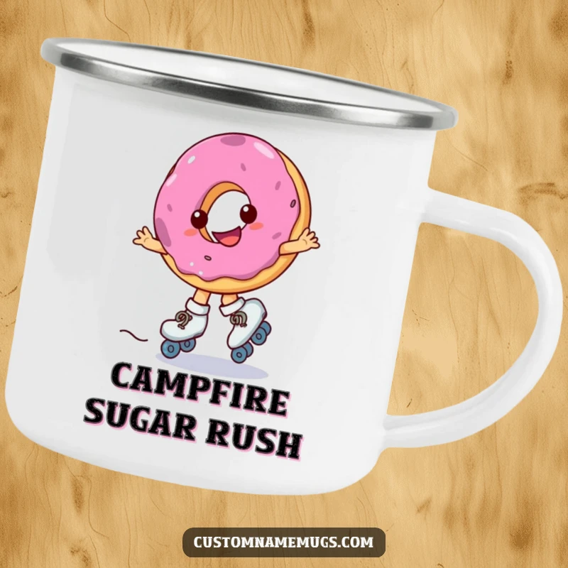 Funny camping mug with a smiling donut wearing roller skates, spinning erratically, for humorous outdoor enjoyment.