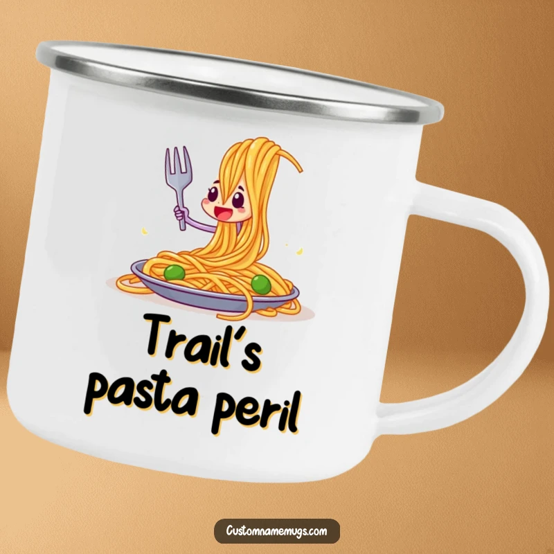 Funny camping mug illustrating a valiant fork character jousting a colossal spaghetti strand, perfect for outdoor laughs.