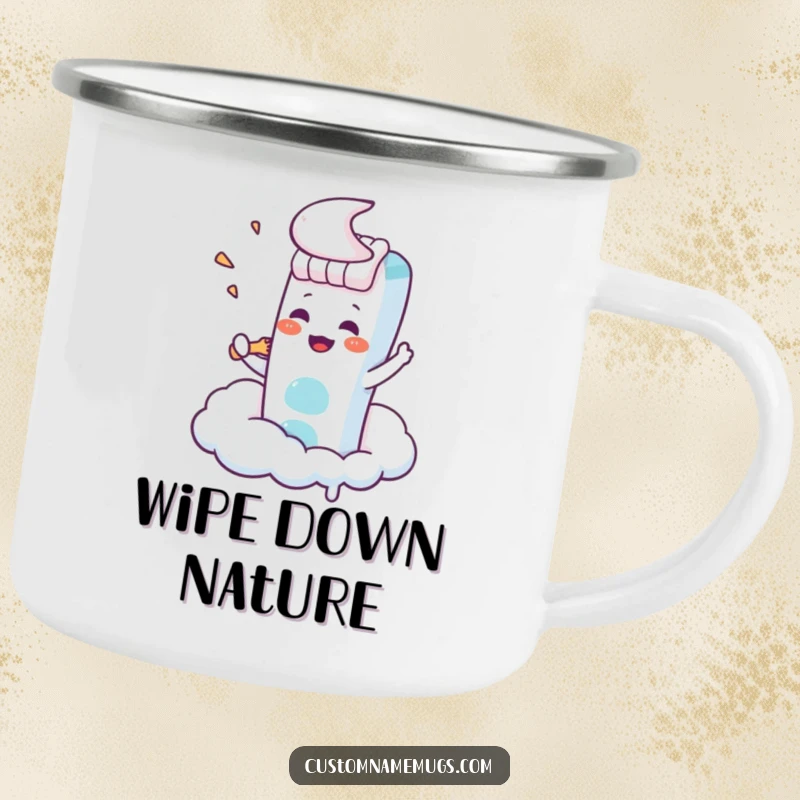 Funny Kawaii toothbrush character trying to brush a cloud, a durable and humorous camping mug.