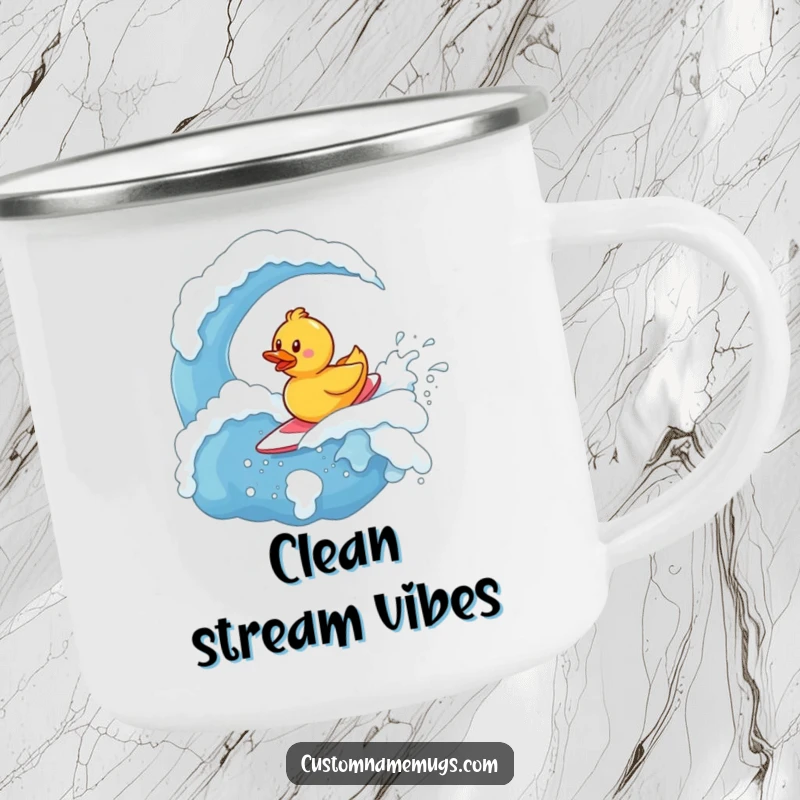 Funny Camping Mug: Tiny, determined rubber ducky character bravely surfing a giant, bubbly wave of soap, ready for outdoors.