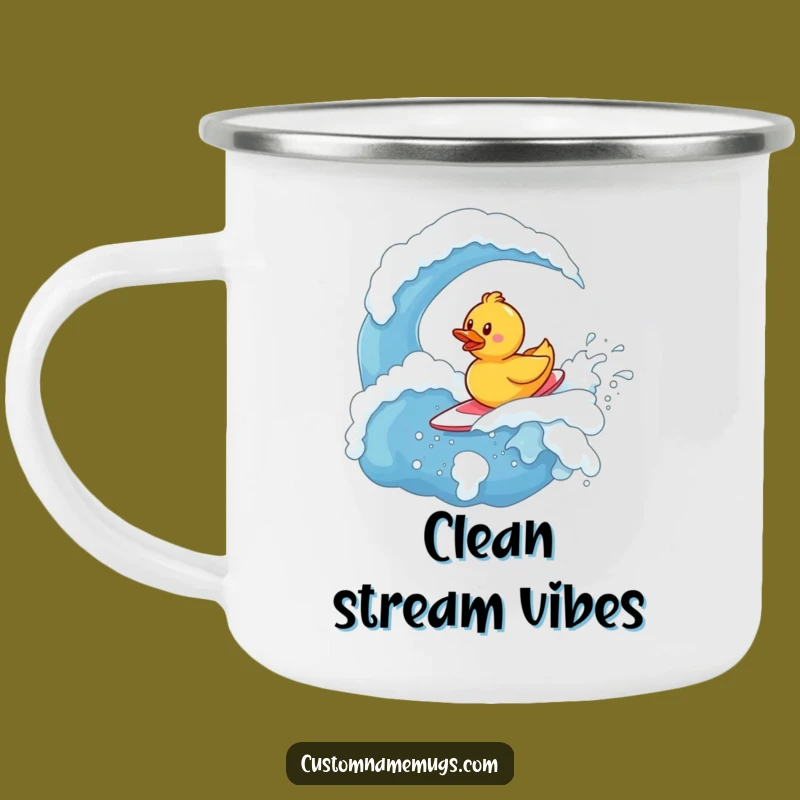 Funny Rubber Ducky Surfer Camping Mug: Brave Character Enamel Mug