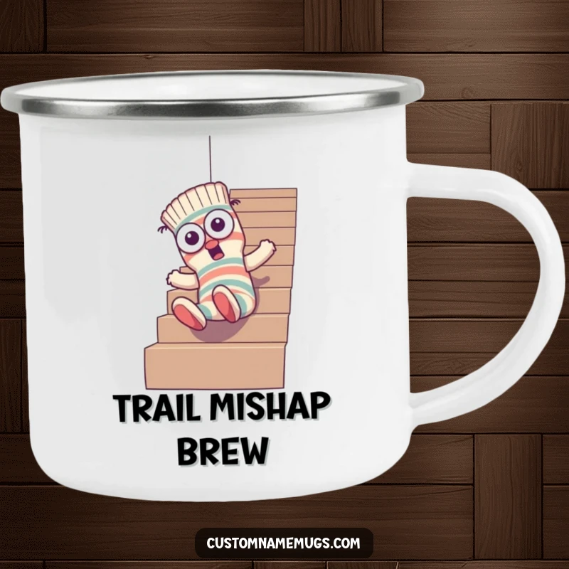 Funny camping mug featuring a goofy sock character with mismatched eyes comically tumbling down stairs, perfect for outdoor sipping fun.
