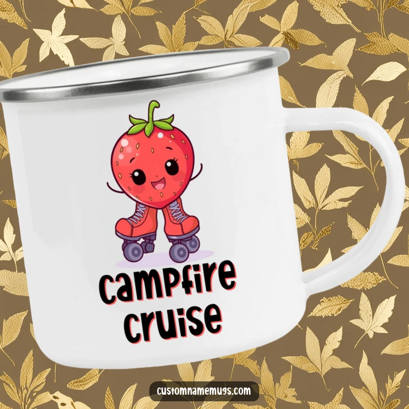 Funny camping mug showing a cheerful strawberry character in oversized roller skates, wobbling, ideal for outdoor fun.