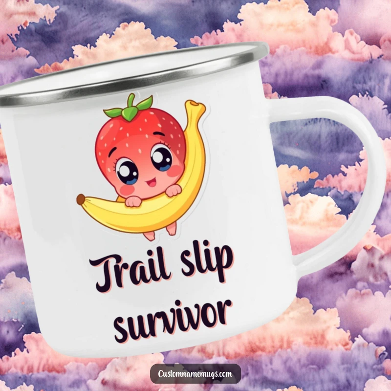 Funny camping mug featuring a cute strawberry character with wide eyes slipping comically on a banana peel, bringing humor to any campsite.
