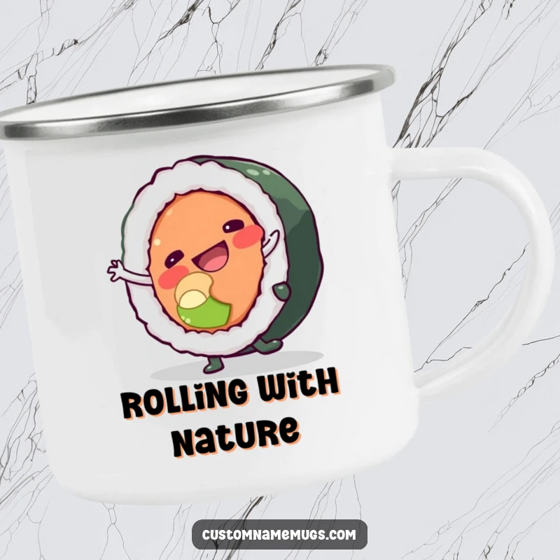 Funny camping mug featuring a happy sushi roll character doing a cartwheel and almost falling apart, durable and humorous for adventurers.