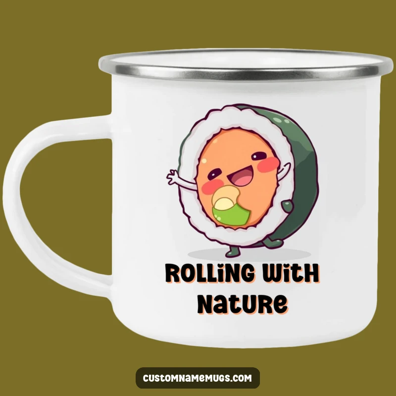 Funny Sushi Cartwheel Camping Mug: Outdoor Character Drinkware for Foodie Adventures