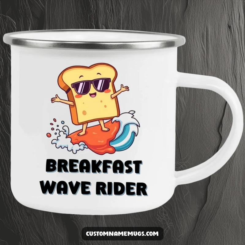 Funny camping mug with a toast character wearing sunglasses, surfing a giant jam wave, built for outdoor fun and humorous sipping.