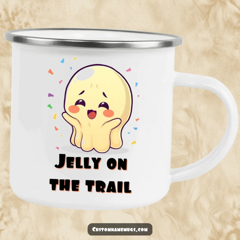 Funny Wobbly Jelly Camping Mug: A jelly character with bewildered joy catching confetti, perfect for outdoor celebrations and a funny gift.