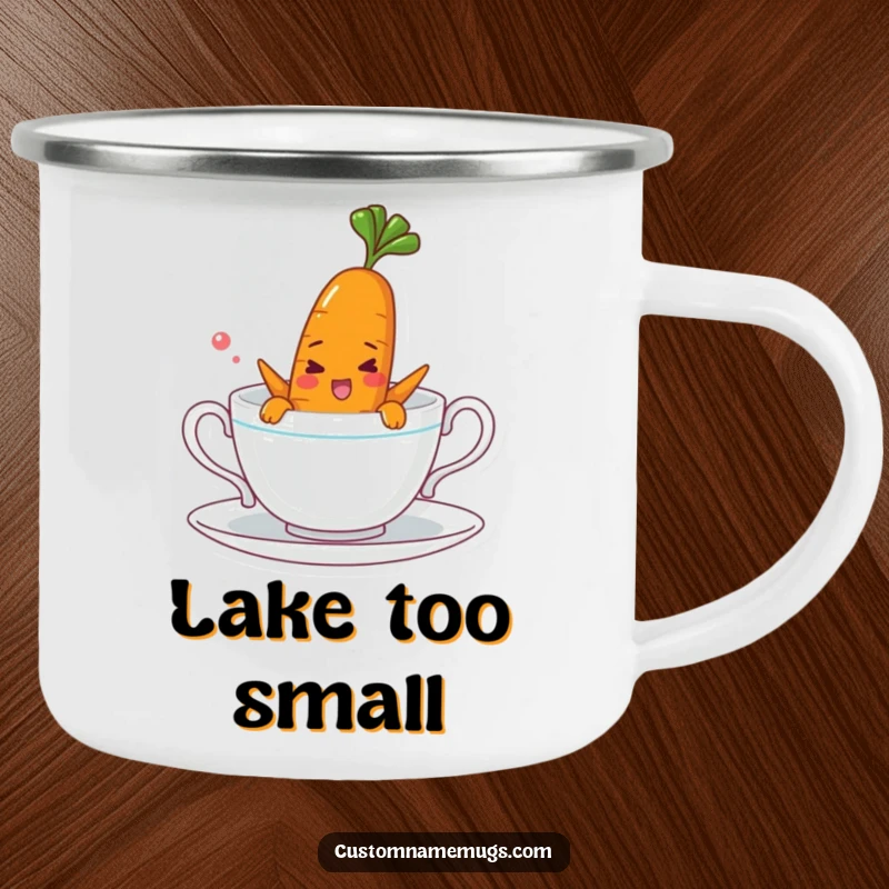 Funny enamel camping mug with a cheerful carrot character comically swimming in a teacup, perfect for outdoor drinks and humor.