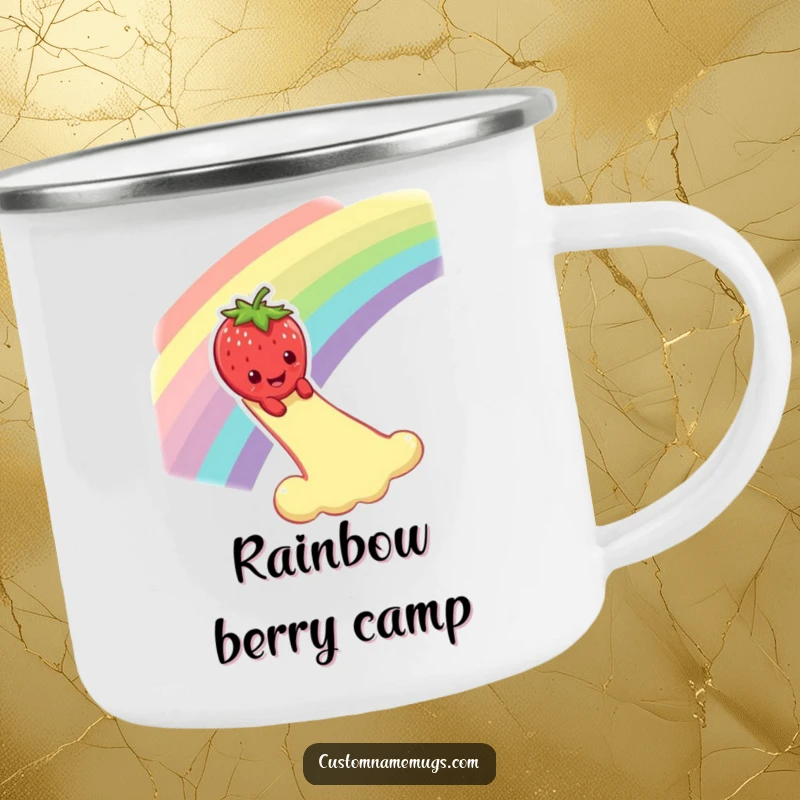 Funny camping mug with a smiling strawberry character dramatically sliding down a rainbow, built for outdoor fun and humorous sipping.