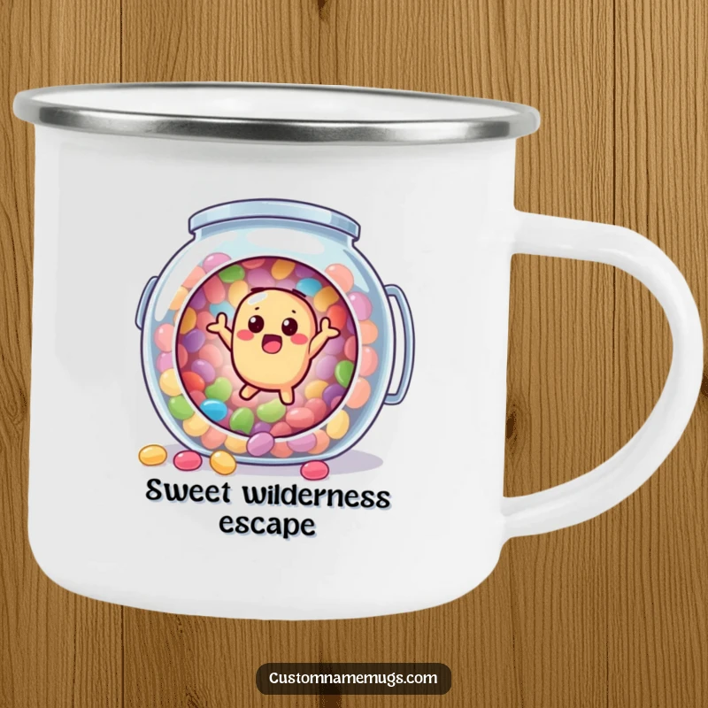 Funny enamel camping mug with a surprised jellybean character comically bouncing out of a candy jar, ideal for outdoor drinks and humor.