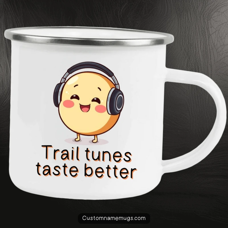 Funny Camping Mug: Smiling round bread character comically wearing oversized headphones, bobbing its head by the campfire.