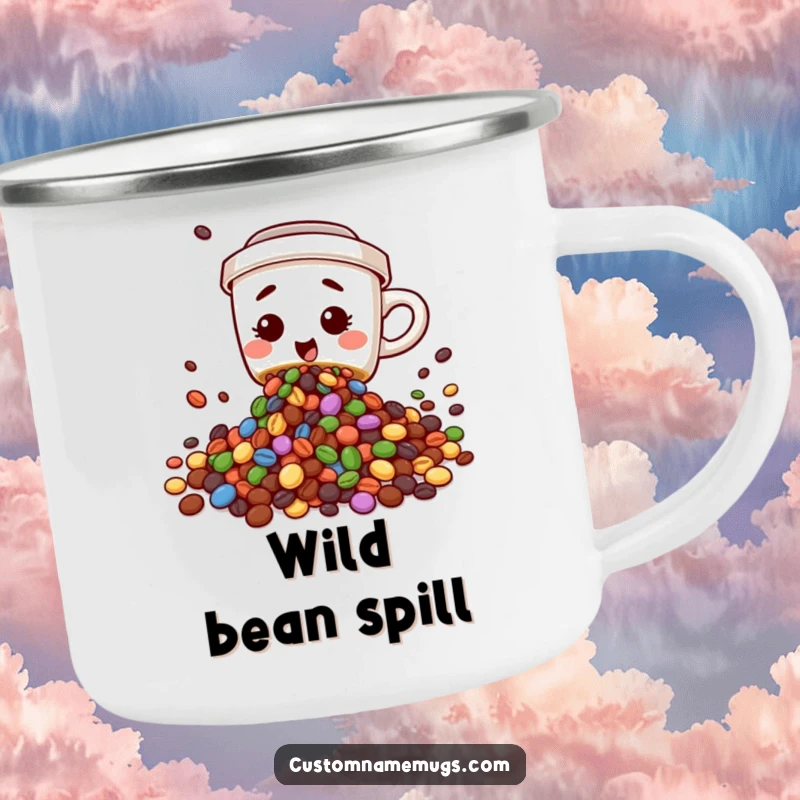 Funny camping mug featuring a cute, clumsy coffee cup character spilling colorful beans, durable and humorous for outdoor enthusiasts.