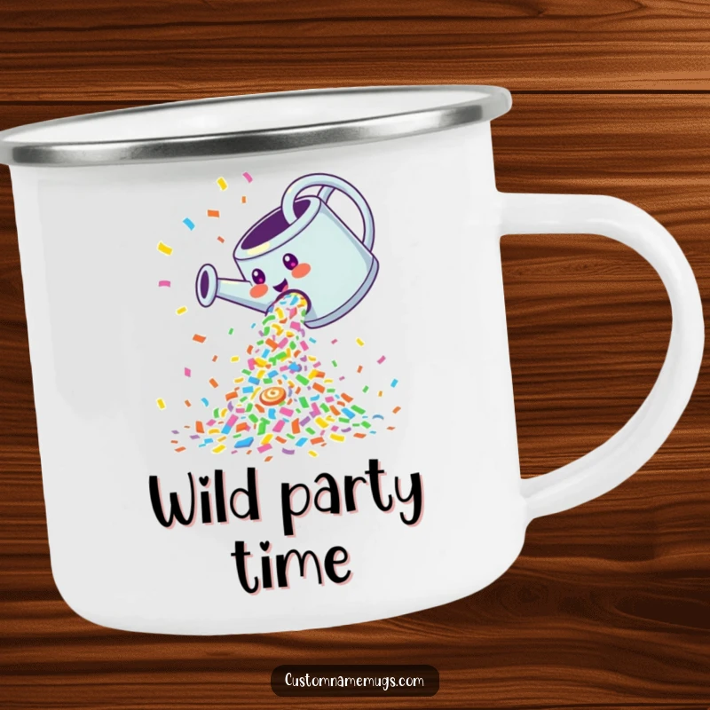 Funny Camping Mug: Giggling watering can pouring a cascade of colorful confetti, perfect for outdoor celebrations.