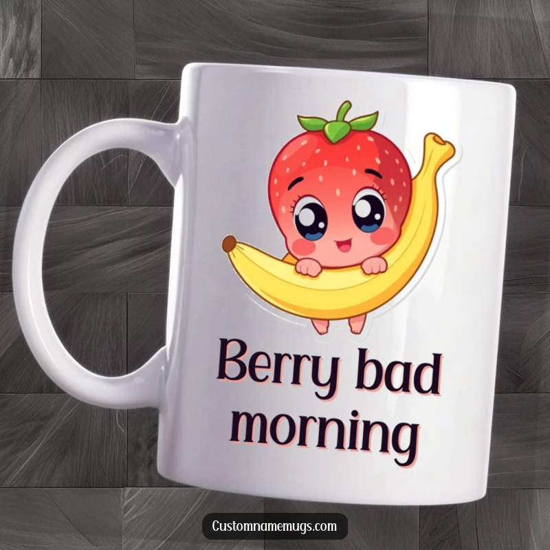 Funny mug featuring a cute strawberry character with wide eyes comically slipping on a banana peel, capturing a moment of unexpected cartoon chaos.