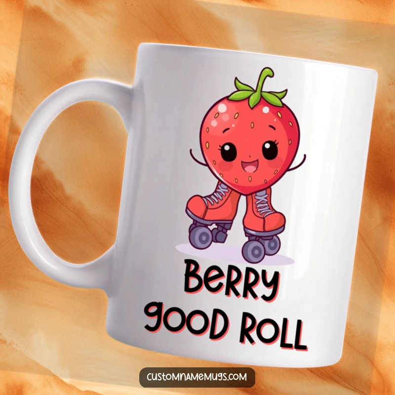 Funny mug featuring a cheerful strawberry character in oversized roller skates, wobbling comically.