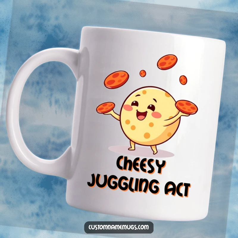 Funny mug with a round cheese character happily juggling slices of pepperoni like tiny frisbees, showcasing playful food antics.