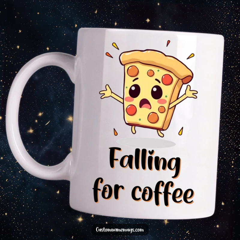 Funny mug featuring a surprised pizza slice with arms flailing wildly as it falls, capturing a moment of delicious panic.
